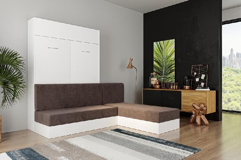 Lit escamotable Dynamo Sofa - Canapé angle méridienne réversible blanc mat tissu marron 140x200 cm avec coffre de rangement_3