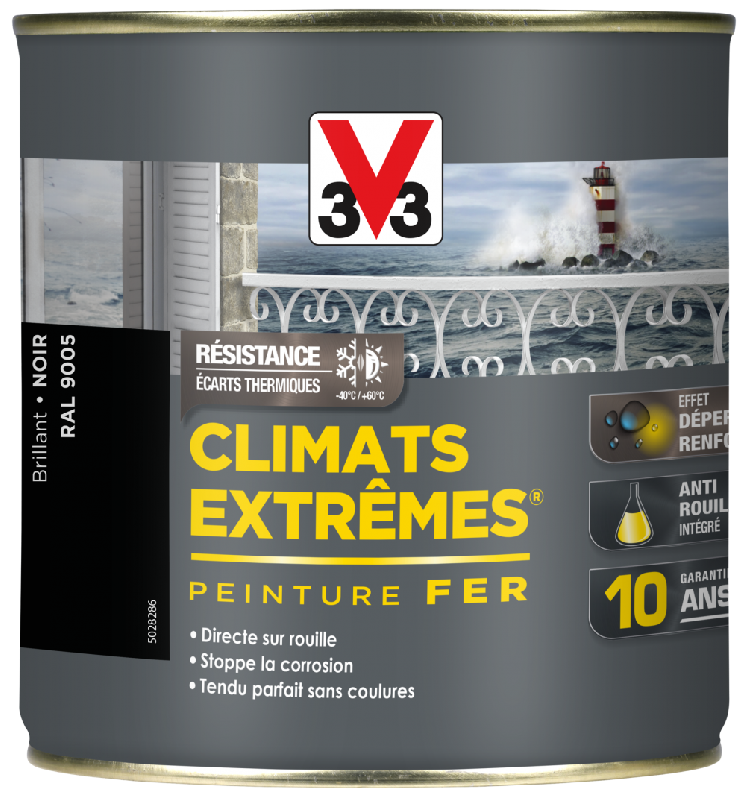 Peinture fer extérieur Climats Extrêmes® V33 - Noir brillant - Direct sur rouille - 0.5 L - Résistante aux conditions extrêmes_3
