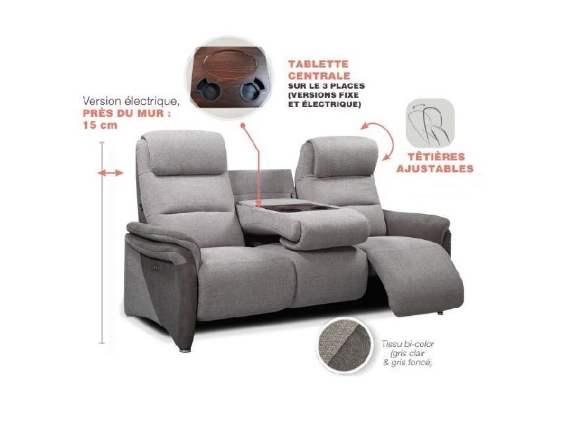 Canapé relax 3 places électrique ZILIA - tissu gris clair et gris foncé - têtières ajustables et tablette centrale_3