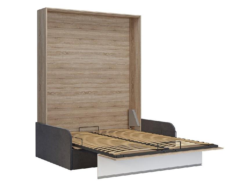 Armoire lit escamotable Bermudes Sofa - Chêne bandeau blanc, canapé gris 160x200 cm avec coffre et finition européenne_3