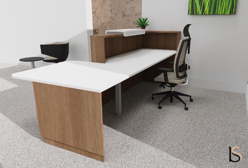 Banque d'accueil Delta Plus avec PMR et réhausse - Mobel Linea - Blanc mat, Droite, Acacia foncé, Oui, 262_4