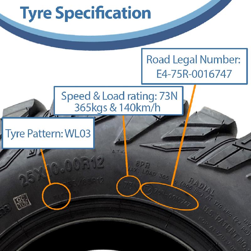 25x10.00-12 (255/65R12) ATV Tyre 8ply WL03 OBOR Antelope 73N E-Marked Road Legal_3