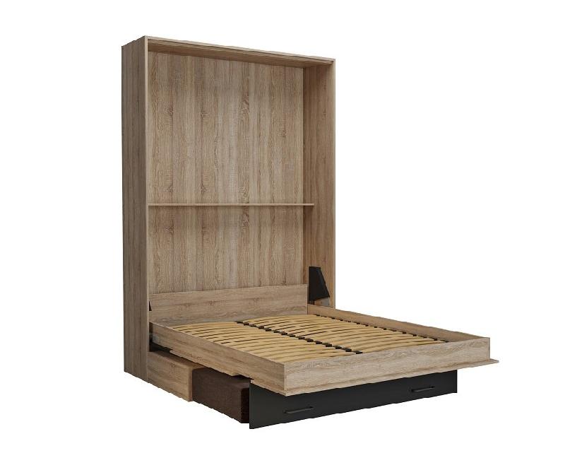 Lit escamotable style industriel KEY SOFA - chêne, bandeau noir, canapé marron, couchage 140x200 cm avec rangement_3