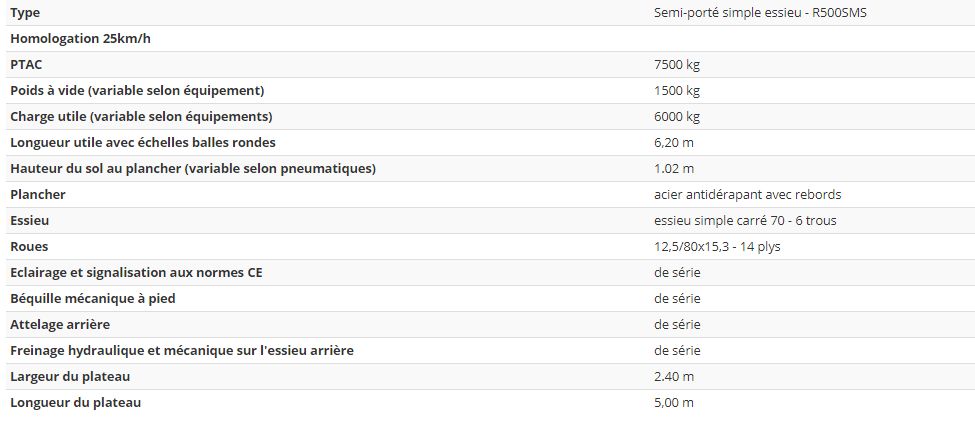 Remorque plateau agricole avec éclairage et support de gyrophare