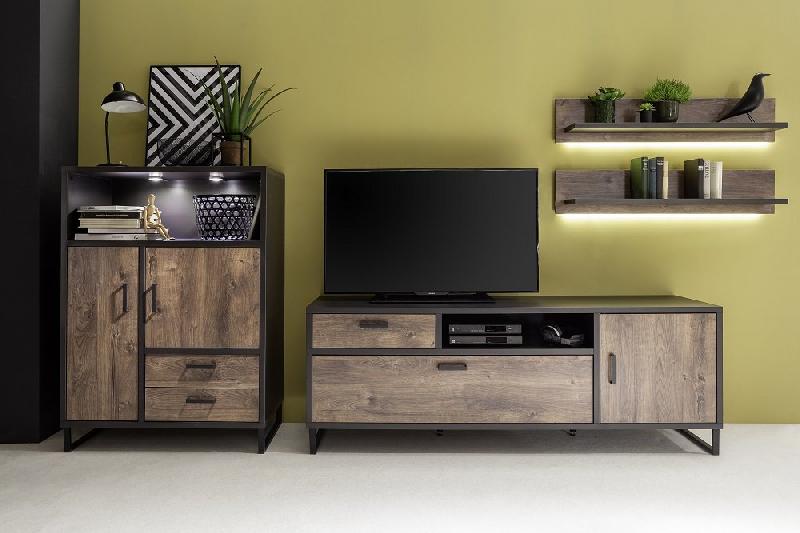 Buffet haut HALTON - 2 tiroirs, 2 portes et 1 niche décorative avec éclairage LED - Décor chêne gris cosmos, style industriel_3