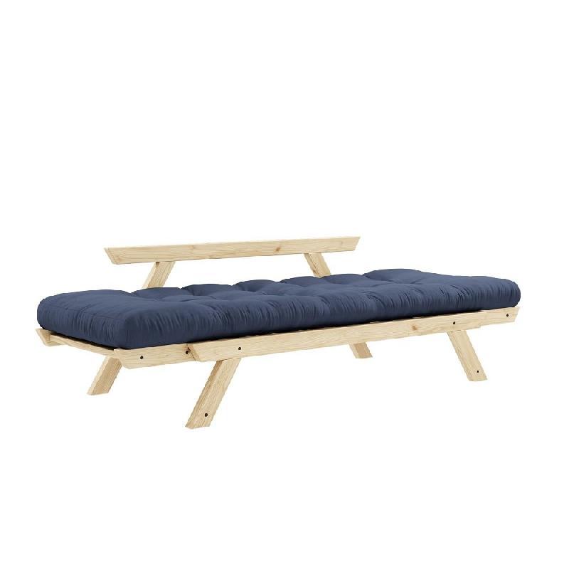 Banquette méridienne convertible futon BEBOP en pin naturel - Coloris bleu marine - Couchage 75x200 cm_3