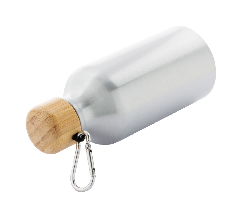 Bouteille en aluminium - 400 ml avec couvercle en bambou et mousqueton - Couleur argenté_3