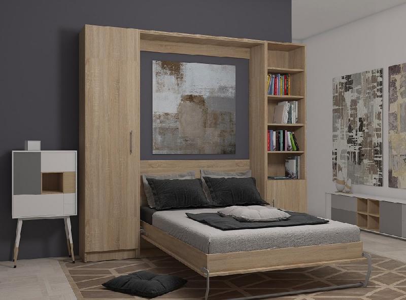 Composition armoire lit escamotable SMART-V2 - Chêne naturel - Couchage 160 x 200 cm avec colonne armoire et bibliothèque_3