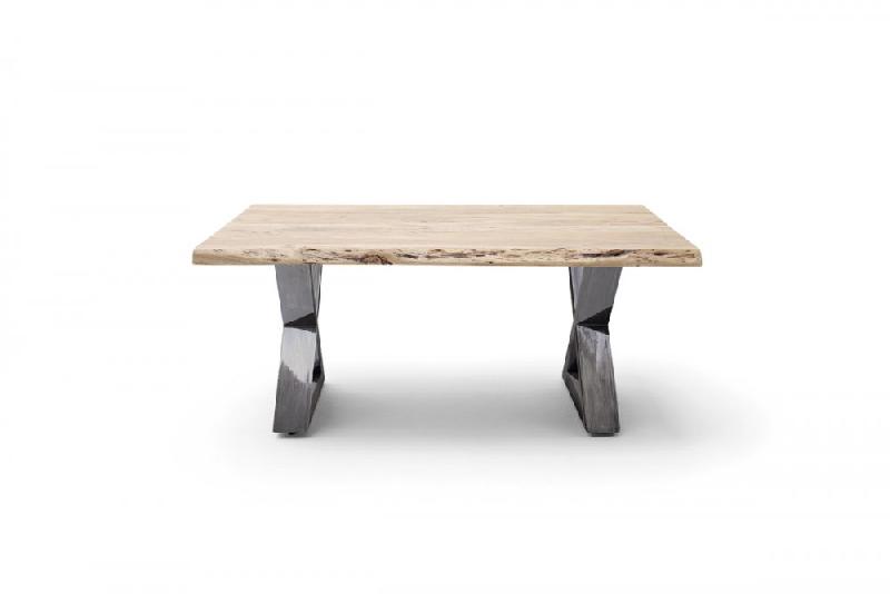 Table basse Claren - Plateau 110 cm en acacia massif naturel laqué, piétement en X acier finition vintage_3