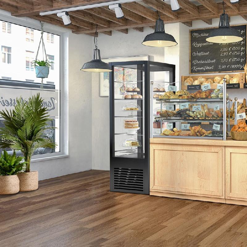 Vitrine réfrigérée à pâtisserie sur roulettes avec 4 côtés vitrés et 5 étagères - couleur noire_3