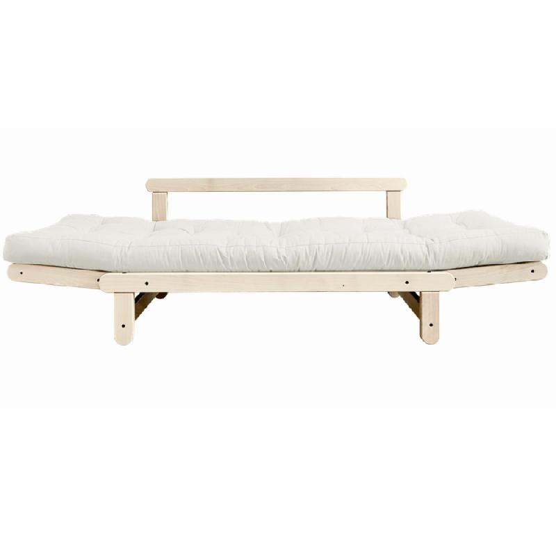 Banquette méridienne futon BEAT en pin naturel - tissu écru - couchage 1 personne 75x200 cm_3