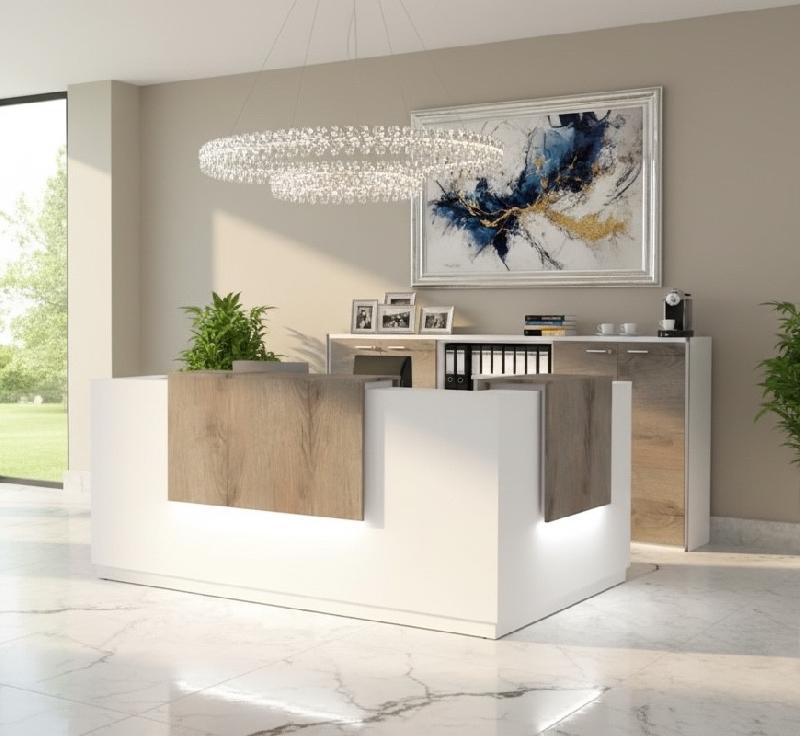 Comptoir d'accueil d'angle avec 2 réhausses Delta - Mobel Linea. - 184, Droite, Blanc, Non, Chêne grisé_3