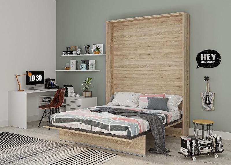 Armoire lit escamotable BERMUDES - Chêne - 160x200 cm avec sommier à lattes et ouverture assistée_3