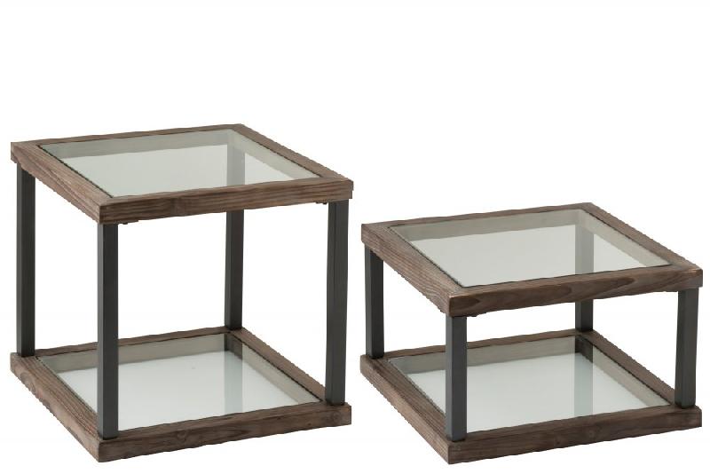 Set de 4 tables basses carrées SQUA - Bois marron et verre transparent - Design sobre et rustique_3