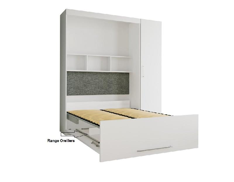 Composition armoire-lit Lutecia blanc mat - Couchage 140x190 cm avec colonne armoire et rangements intégrés_3