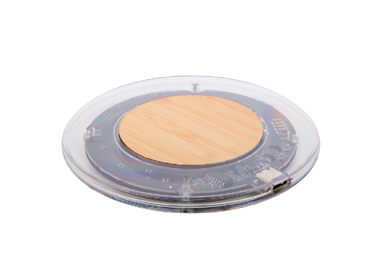Chargeur rapide sans fil 15W - boîtier transparent en plastique et bambou avec composants visibles_3