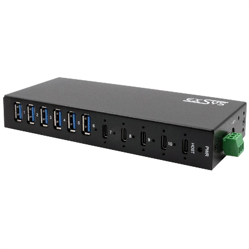 EXSYS EX-12290HMS HUB métallique 10 ports USB 3.2 Gen 2x1, 4x USB-C et 6x USB-A 3.2 Gen 1, pour table, mur et rail DIN_3