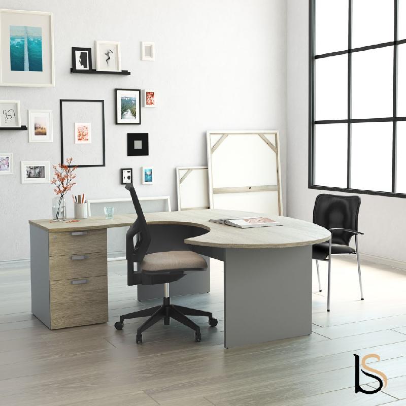 Bureau ergonomique avec caisson de rangement Tono - Mobel Linea - 200, Acacia foncé, Gauche, 3 tiroirs_0