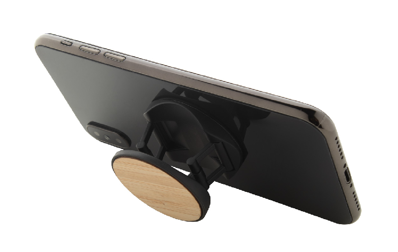 Support pour mobile rond en plastique avec base auto-adhésive et revêtement bambou - couleur noir, poids 8g_3