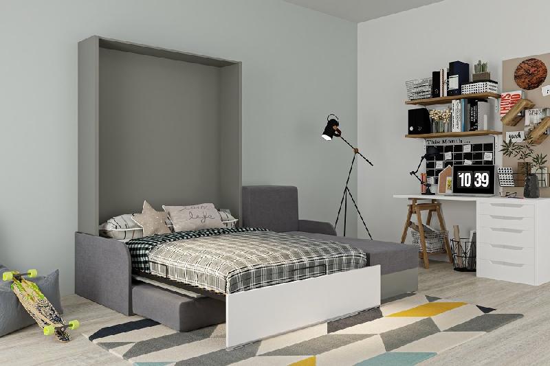 Lit escamotable Aladyno Sofa 140x200 cm - méridienne réversible tissu gris, bandeau blanc_3