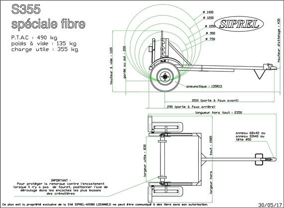 S 355 - Remorque porte-touret SIPREL - Charge utile 355 Kg - Ø 750 à 1400 mm - PTAC 490 Kg_3