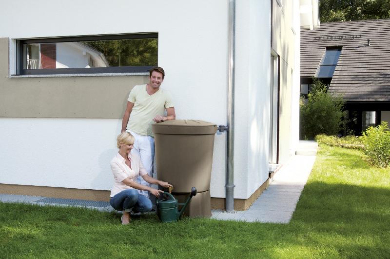 Récupérateur d'eau aérien GARANTIA - Cylindrique taupe - 300L avec couvercle et robinet PE_3