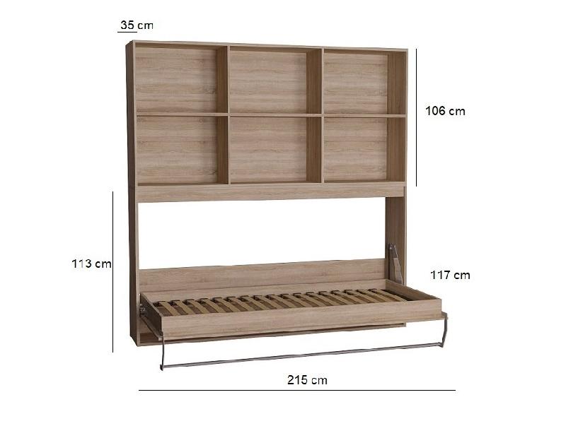 Lit escamotable STRADA-V2 - Mélamine chêne naturel avec surmeuble 6 niches - Couchage 90 x 200 cm_3