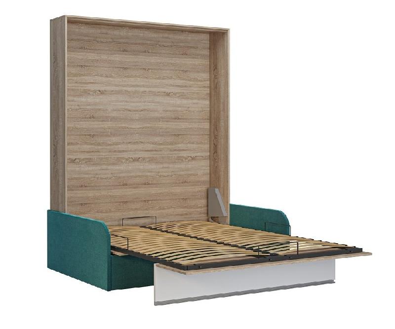 Armoire lit escamotable Bermudes Sofa - Chêne bandeau blanc - Canapé bleu - 160x200 cm avec coffre intégré_3