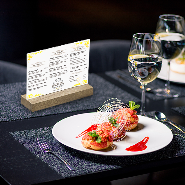 Porte-visuel/menu A5 paysage / horizontal Réf : 407722 - Bois chêne massif - PMMA/acrylique - Plexi transparent - Dimensions : H 14,8 x L 21 cm - Cristal_3