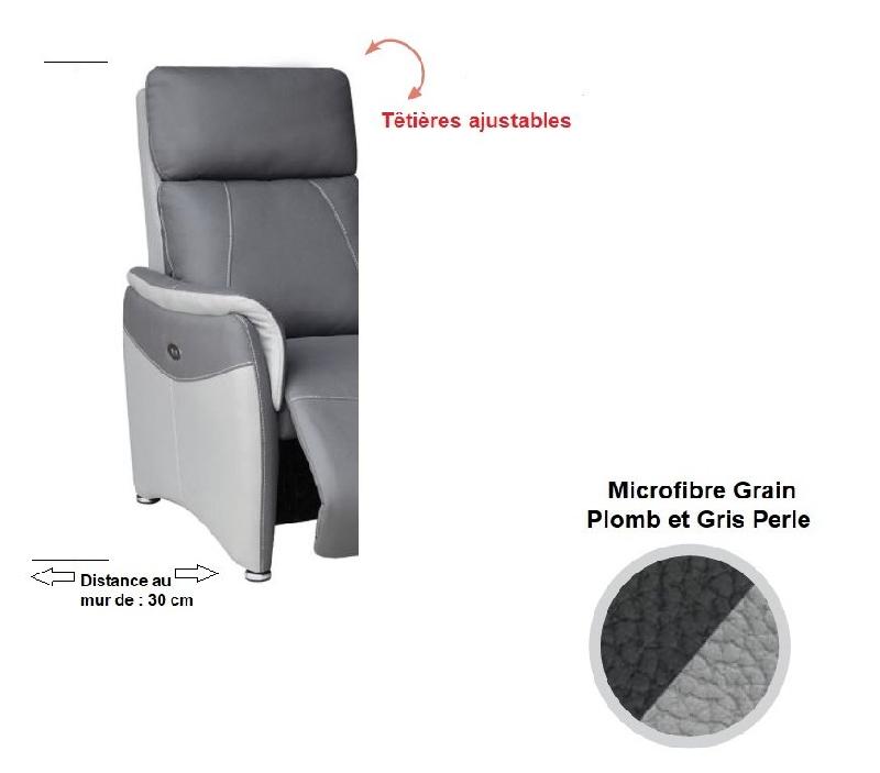 Canapé relax 2 places électrique Cabries - Zéro gravité - Microfibre bicolore gris plomb et gris perle - Têtières ajustables et USB_3