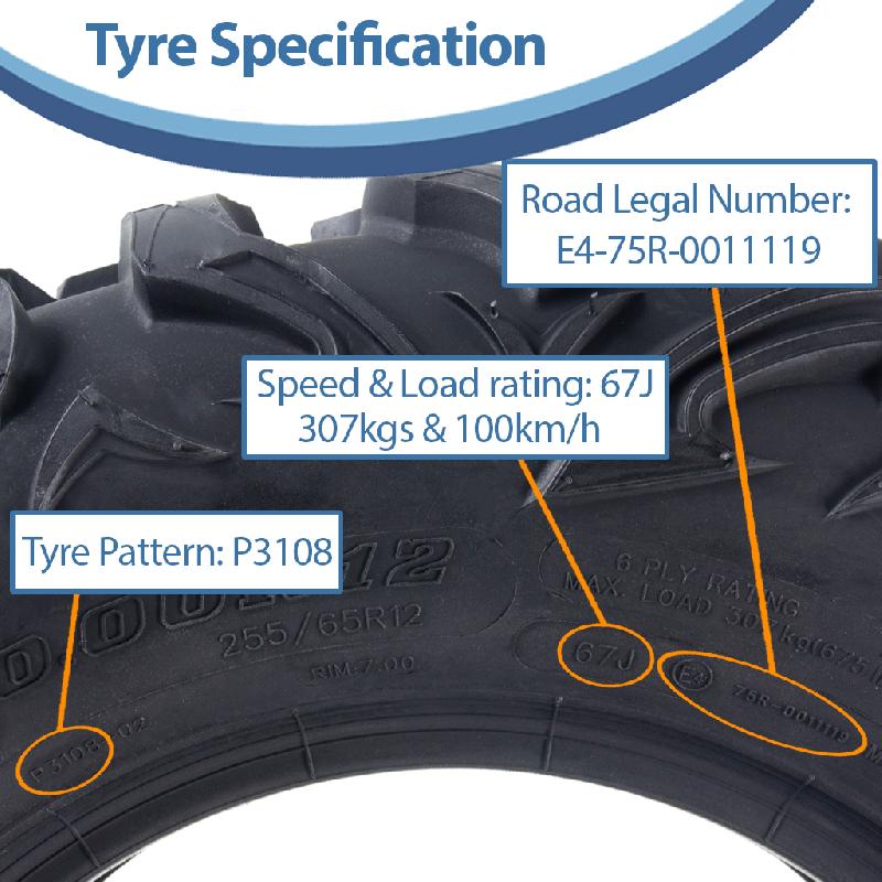 25x10.00R12 Pneu ATV 255/65R12 OBOR Vulture 6ply Road Legal 67J 307kg (Lot de 3)_3