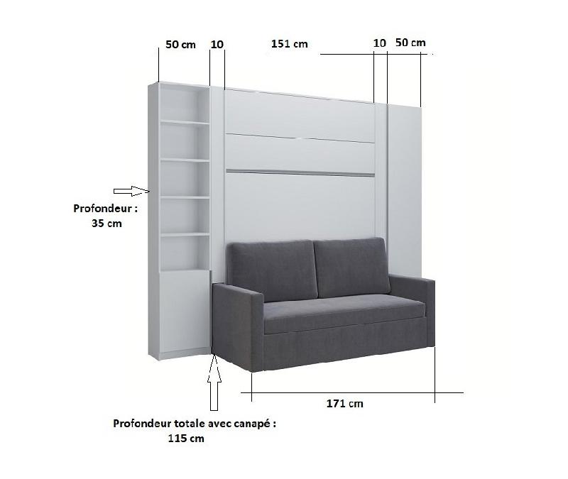 Composition lit escamotable 160x200 cm blanc mat DJUKE SOFA avec canapé gris et 2 colonnes_3