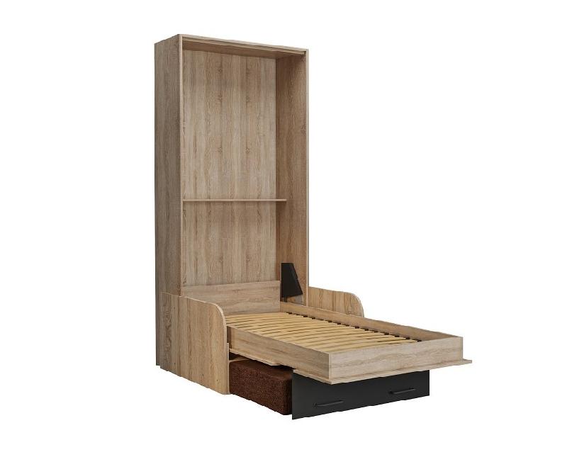 Lit escamotable industriel KEY SOFA - accoudoirs chêne - canapé avec tiroirs marron - couchage 90x200 cm_3