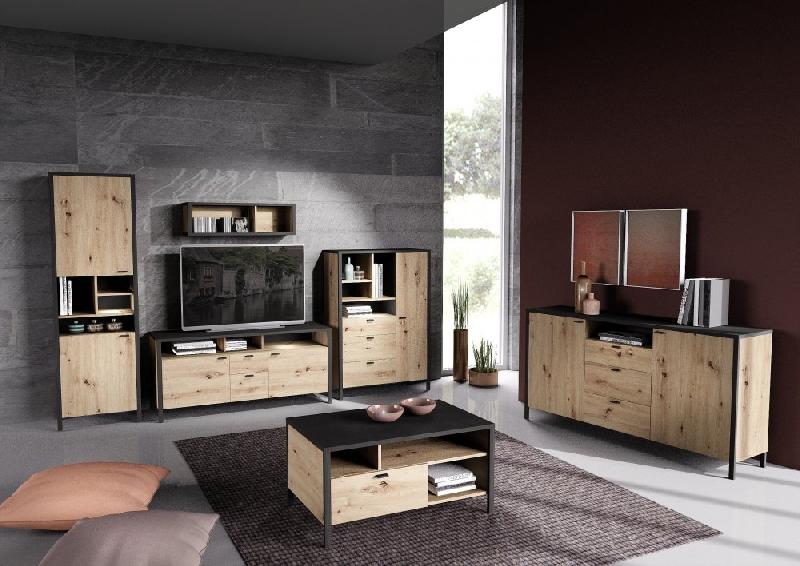 Buffet industriel INOUI - finition chêne artisan et acier, 2 portes, 3 tiroirs, niche ouverte_3