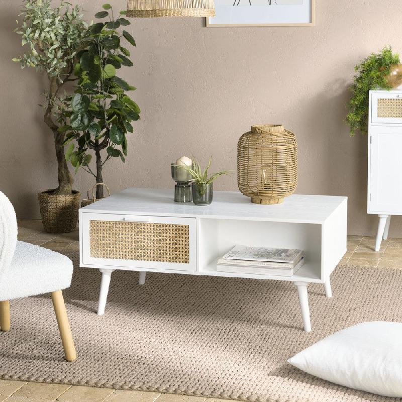 Table basse ANDROS blanche - cannage naturel, 2 tiroirs et 1 niche_3