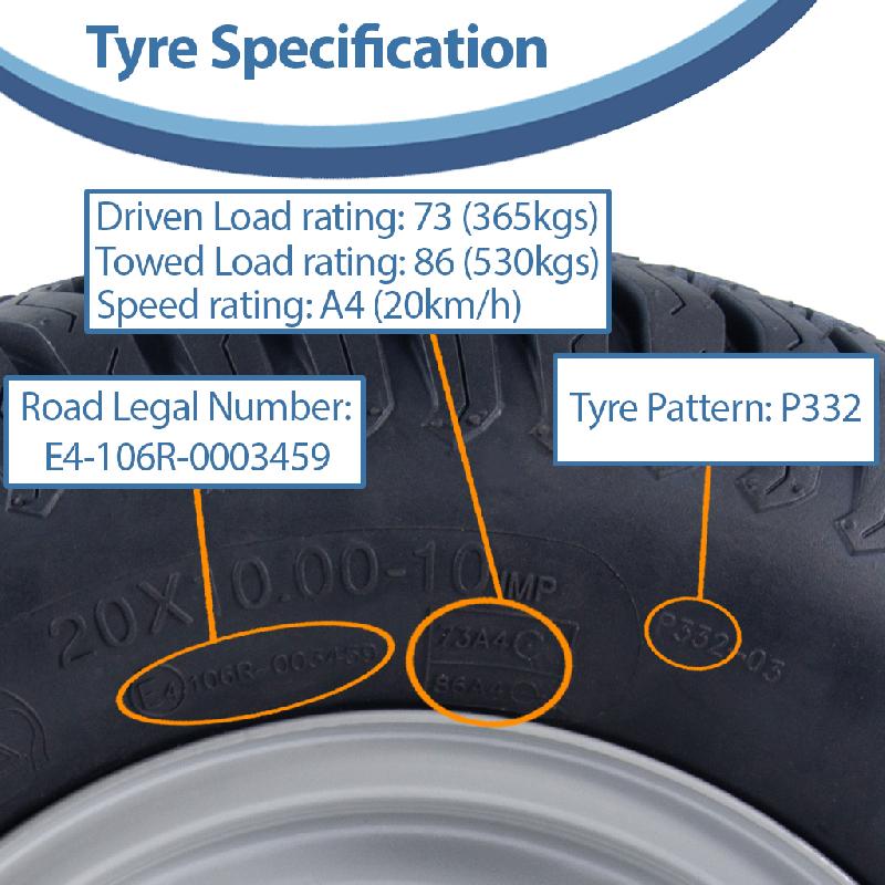 20x10.00-10 Roue de tondeuse à gazon 4ply Grass P332 Road Legal 4 Inch PCD Rim (Set of 4)_3