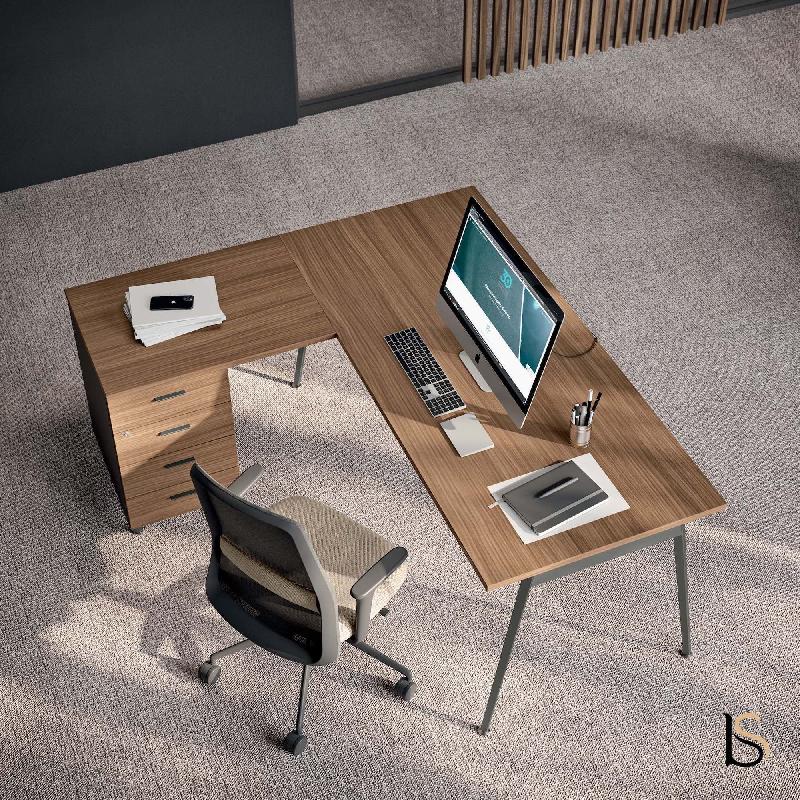 Bureau d'angle de manager avec caisson X3 - Officity - Anthracite, Noyer canaletto, 4 tiroirs, 160 x 160 cm_0