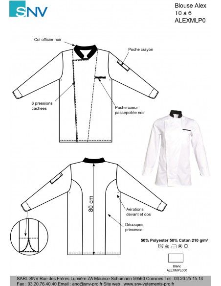 Alexmlp000 - Veste de cuisine SNV - manches longues, col noir, coton/poly 50/50_3