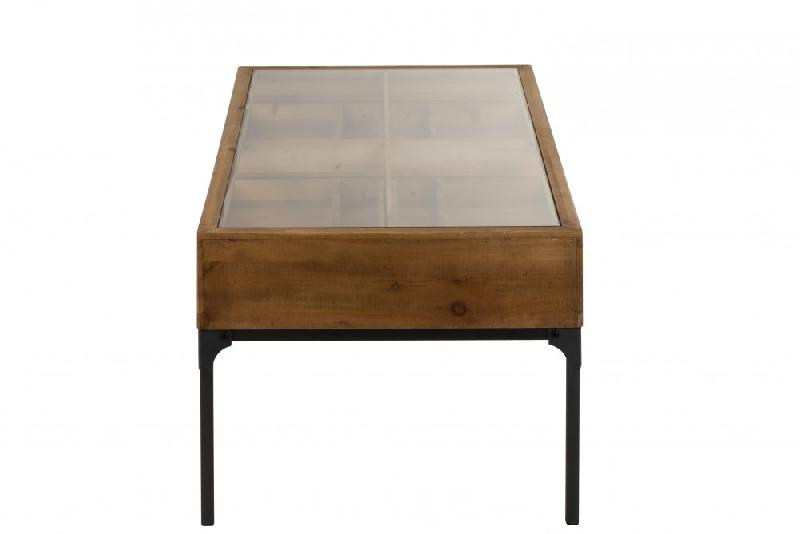Table basse industrielle FAKY - 2 tiroirs pour bouteilles - métal noir et bois naturel_3