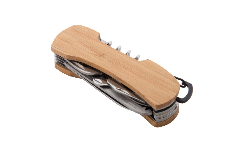 Couteau de poche multifonctionnel en acier inoxydable avec mousqueton et manche en bambou - 9 fonctions_3