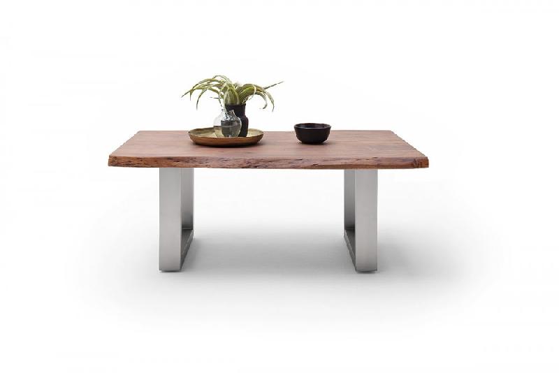 Table basse CLAREN - plateau 110 cm en acacia massif teint noyer - piétement en U acier brossé_3