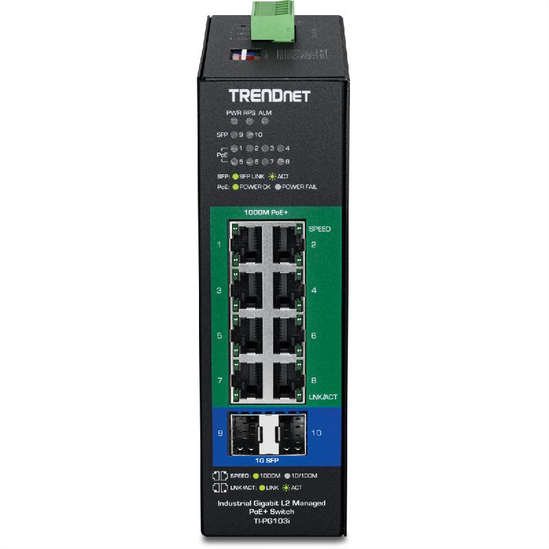 TRENDnet TI-PG103i Switch industriel Rail DIN administrable PoE+ Gigabit L2 à 10 ports, 24-57V_3