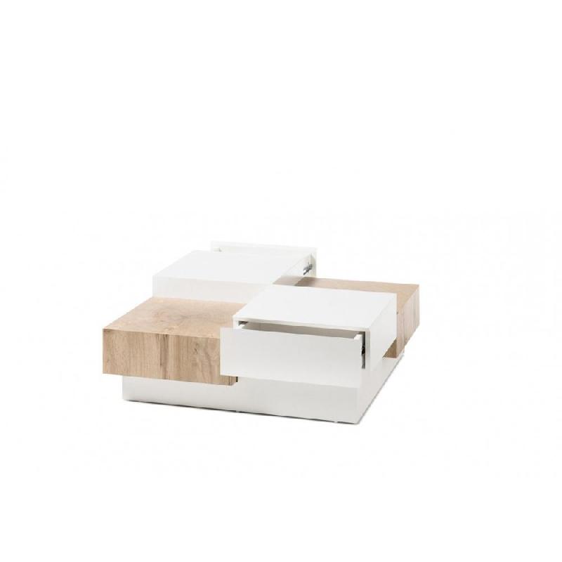 Table basse PIXBO - Laquée blanc mat et décor chêne - 2 tiroirs - Design original_3