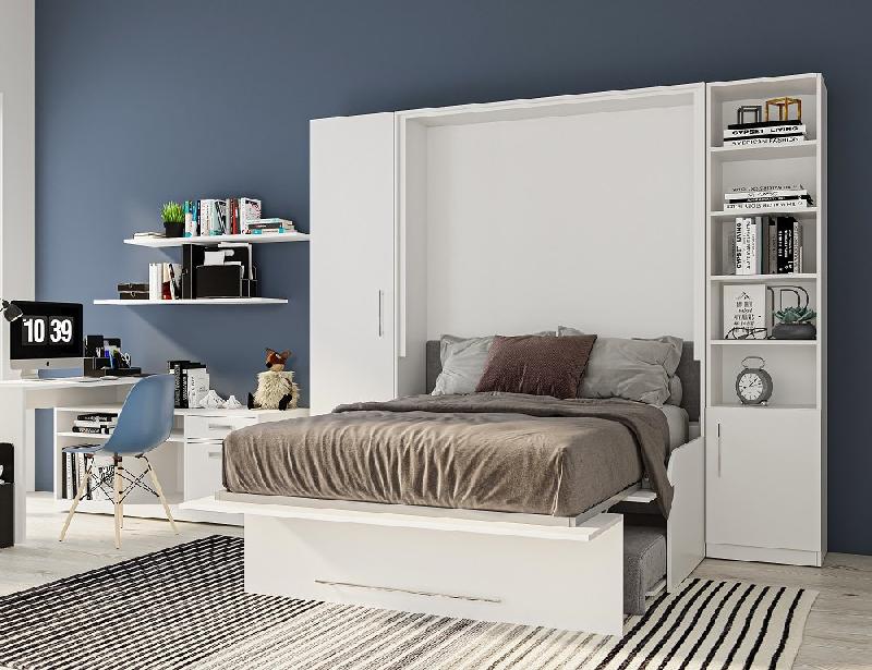 Composition lit escamotable blanc mat Sofa Automatica - canapé microfibre gris avec 2 colonnes et rangement intégré_3