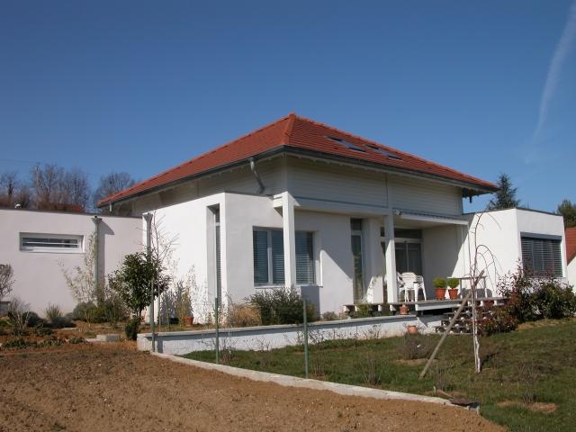 Maison à ossature en bois à demi-niveaux rose / toit multipente_0