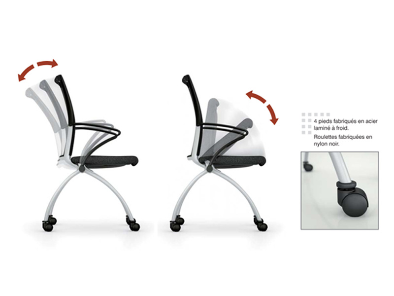 Chaise de collectivité à roulettes Siri - assise rabattable - tissu et résille - structure finition argentée_3