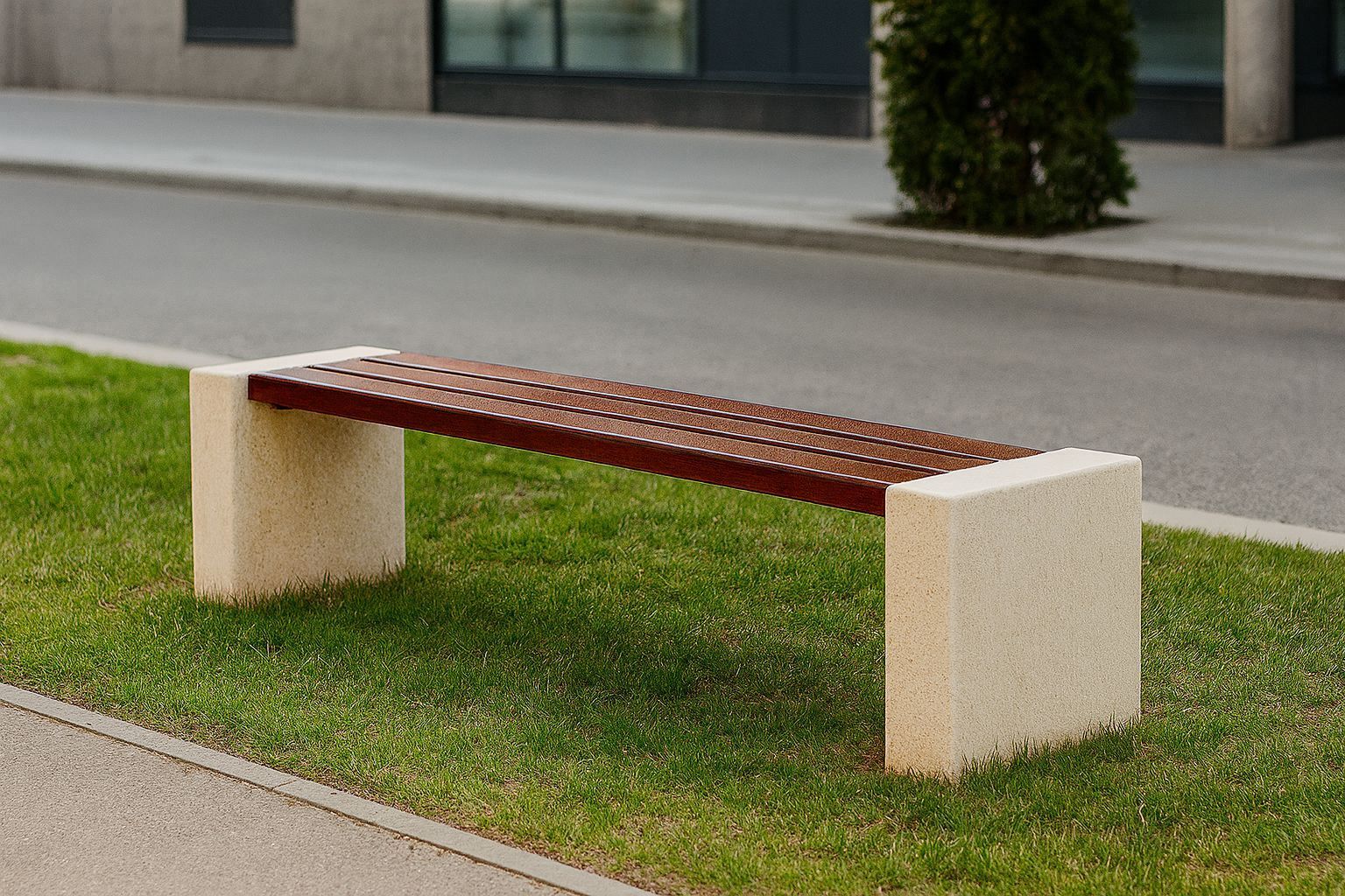 Banc droit public Florence 438/439 en béton avec ou sans dossier  - Assise lattes en bois Iroko_3