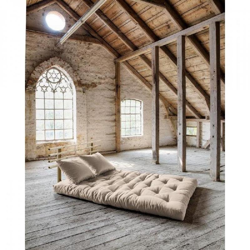 Canapé lit futon Shin Sano beige en pin massif - Couchage 140x200 cm avec matelas futon et coussins inclus_3