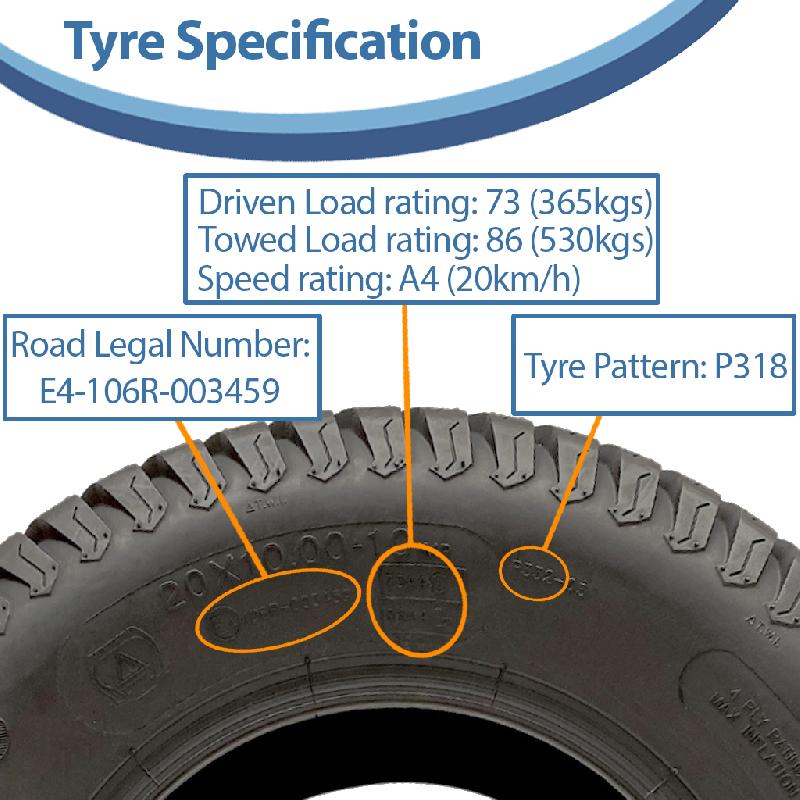 20x10.00-10 Pneus tondeuse à gazon 4 plis Multi Turf Grass P332 Road Legal (Lot de 3)_3