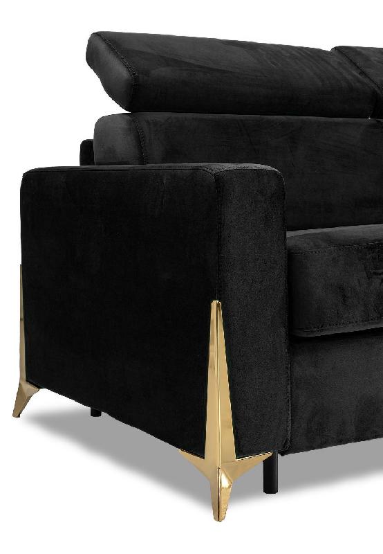 Canapé convertible express ODACIO 140cm - Têtières réglables, matelas 16cm, pieds dorés, velours noir_3
